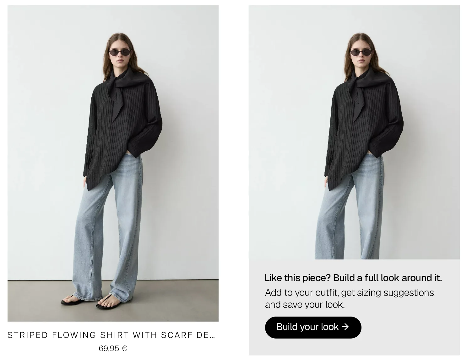 Product listing card next to its hover state with the Build your look prompt