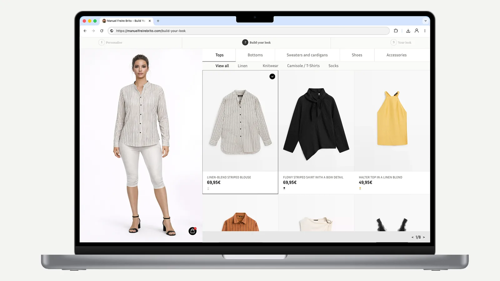 Look builder with the dressed model on the left and tabbed product grid on the right