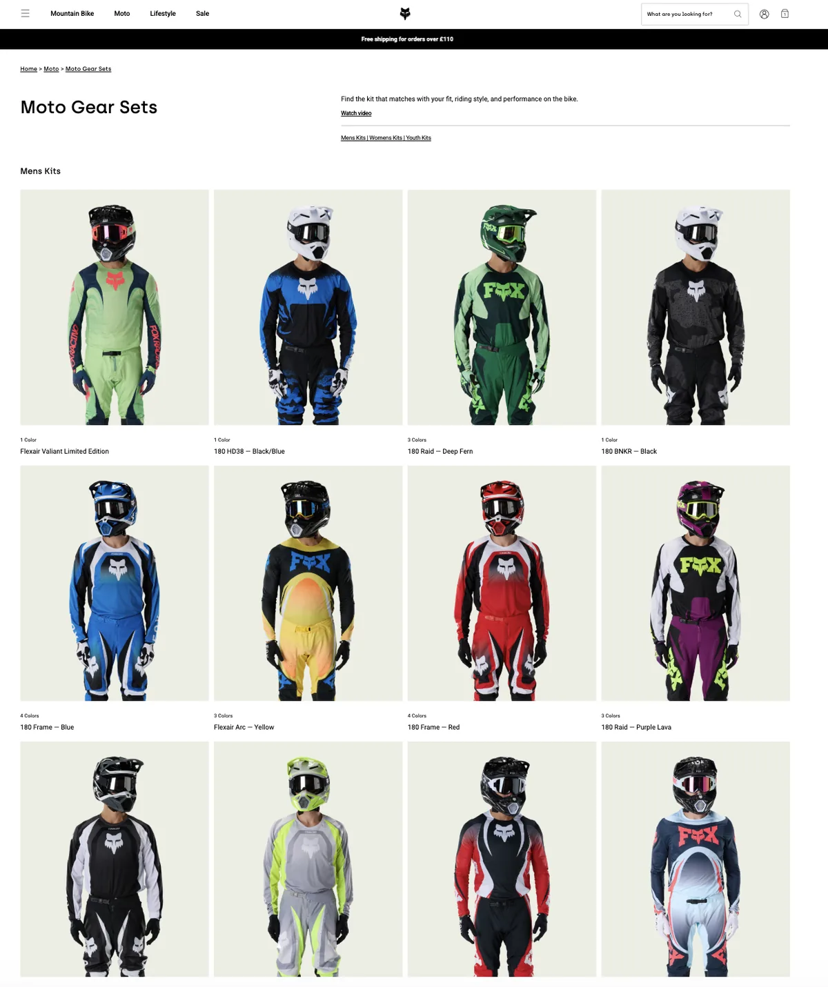 Moto Gear Sets listing page with kit images