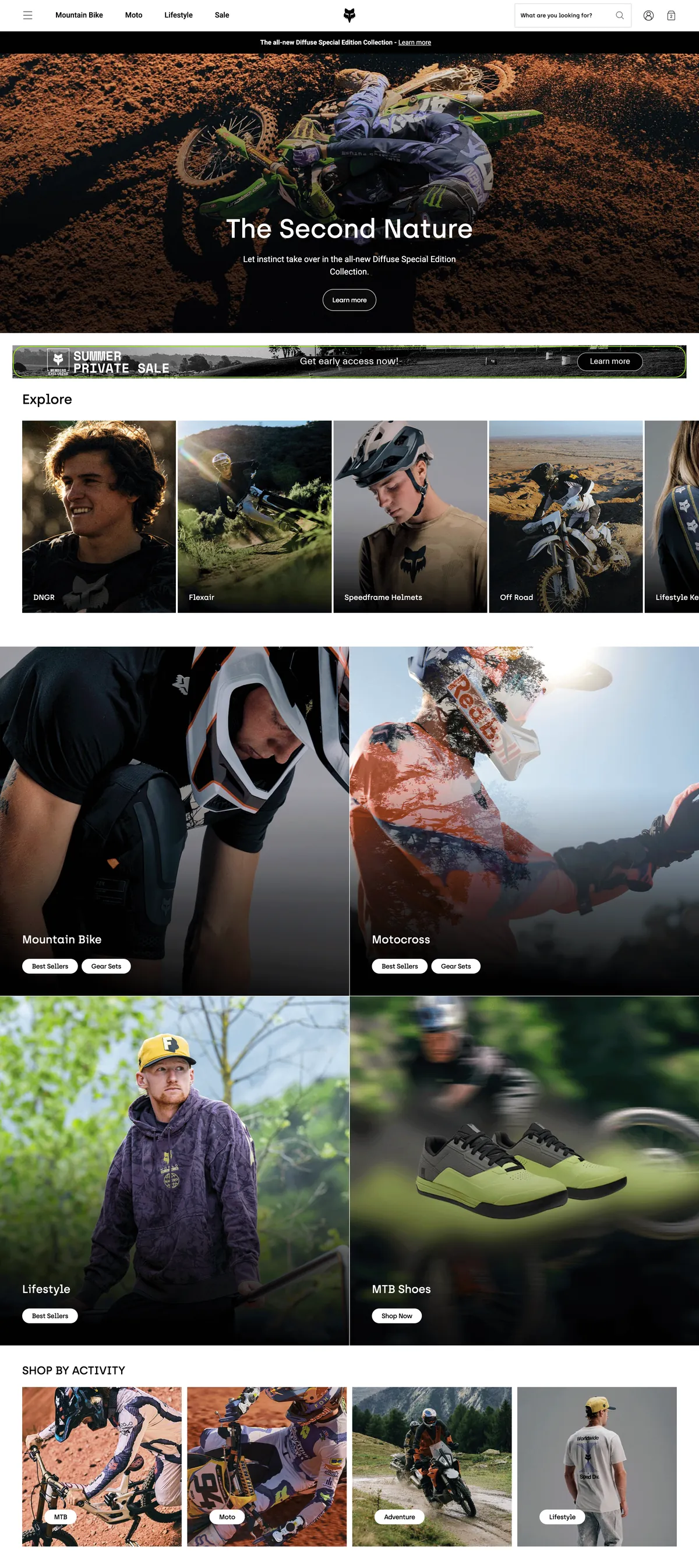 Fox Racing homepage for a non-subscriber with the thin Private Sale banner