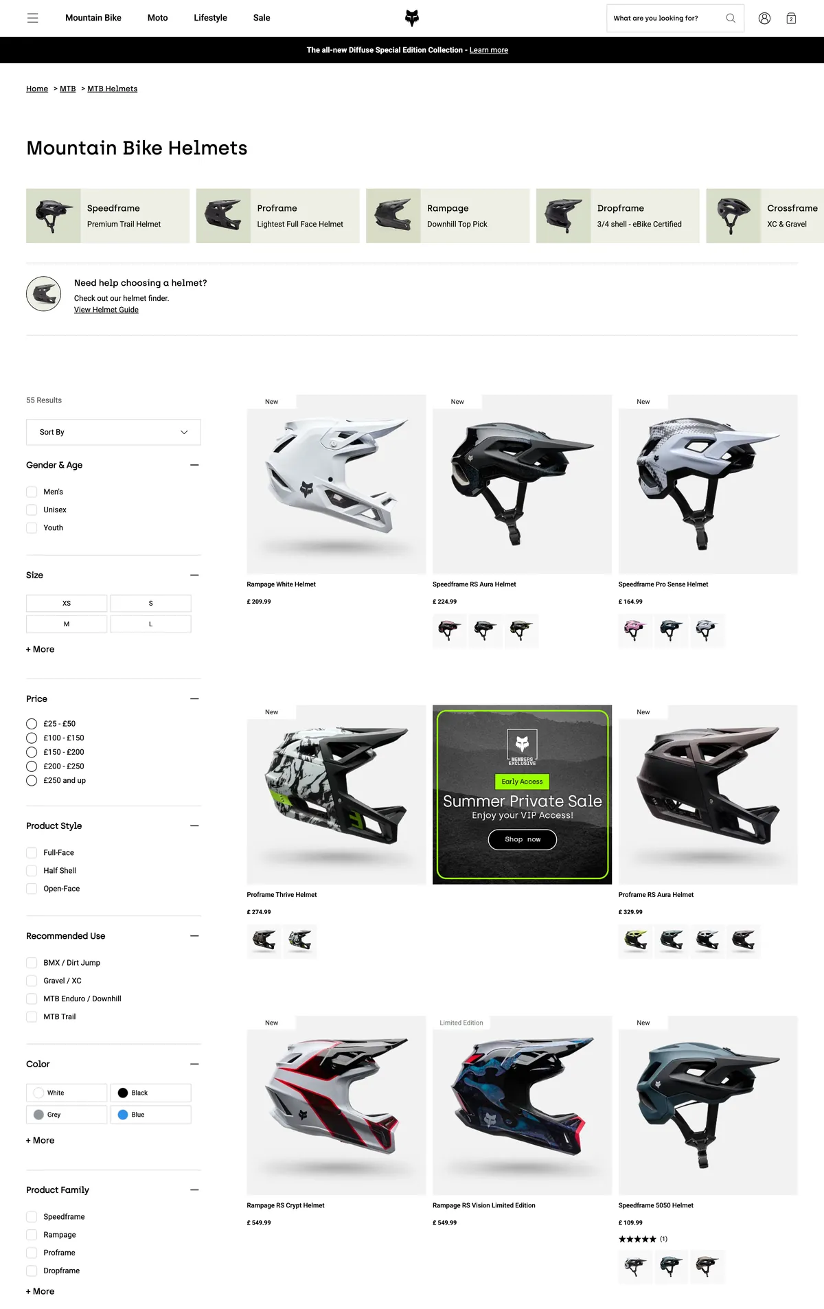 Fox Racing helmet listing page with the VIP tile reading Shop now